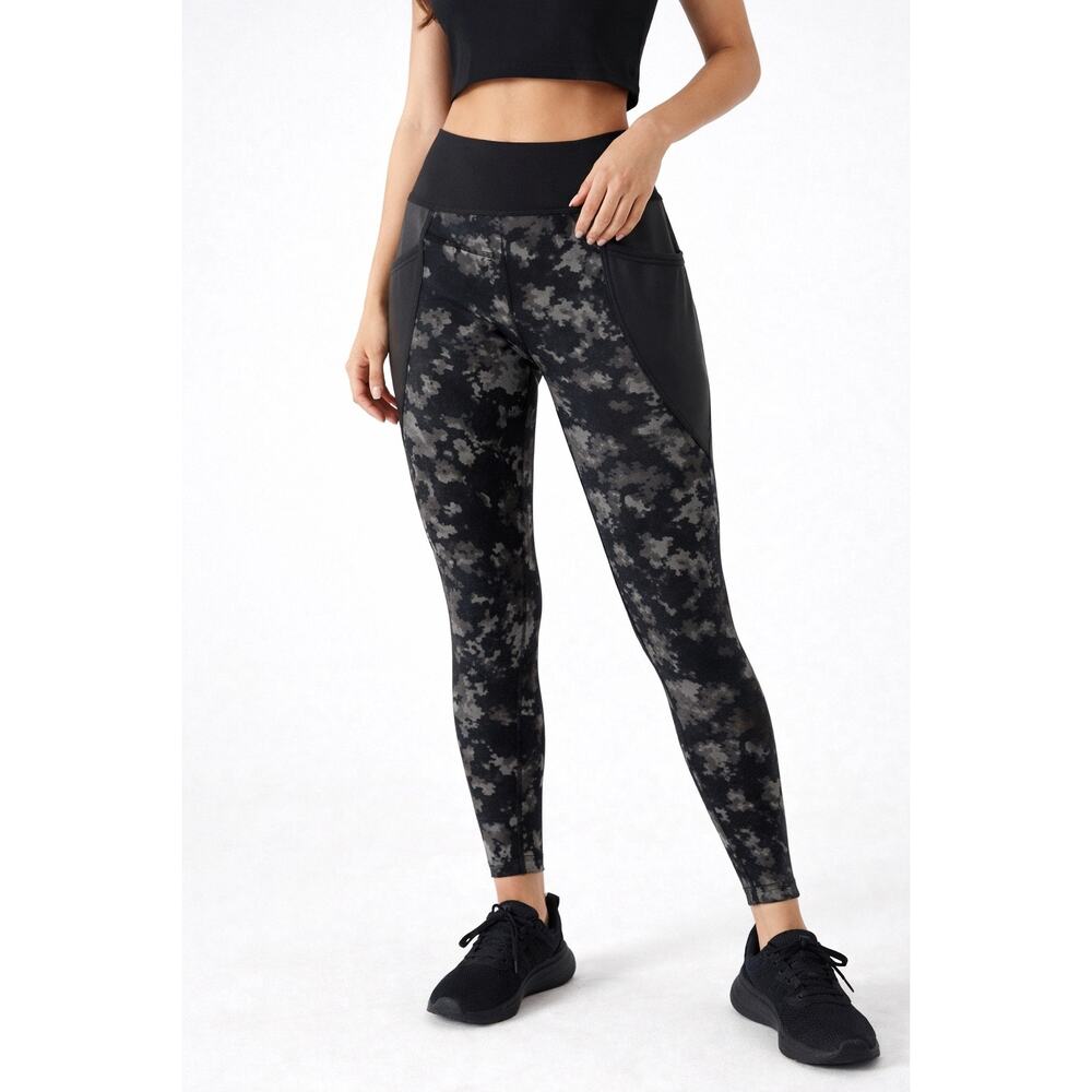 White Birch Black Tie Dye Faux Leather Panel Leggings‎ High Rise Gym Small
